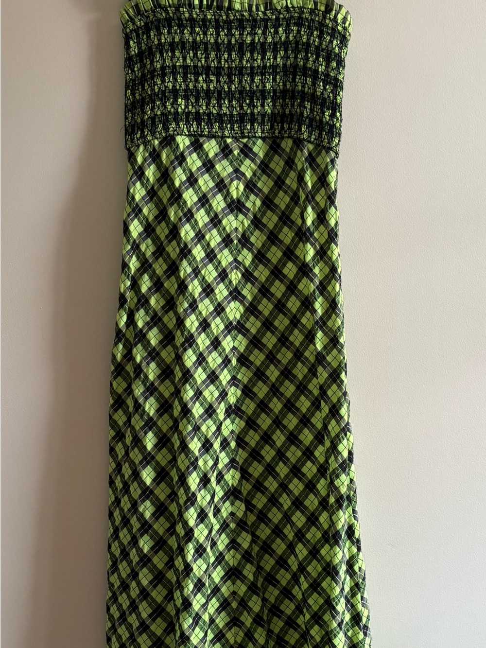 GANNI Seersucker Check Smocked Maxi Dress Neon Green Plaid Ruffle Size 36